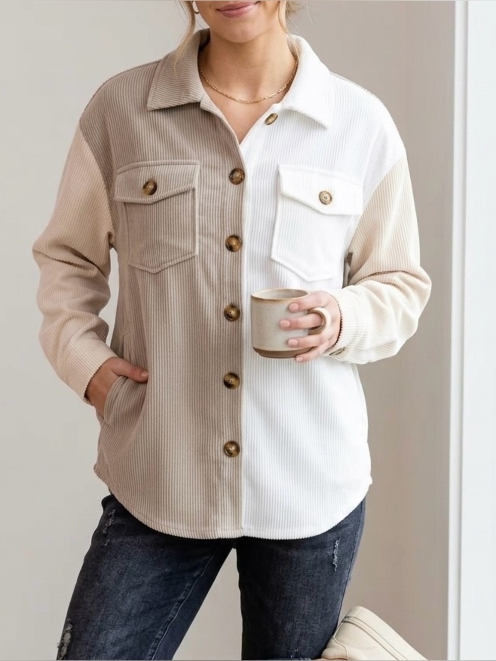 Simply Southern Colorblock Soft Corduroy Shacket Tan Cream Size Small